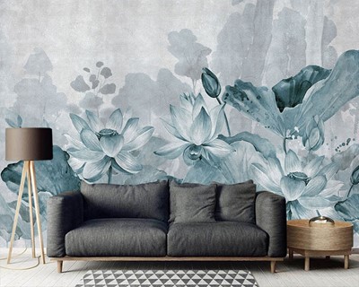 Blauwe kleur bloemen behang