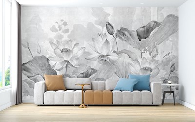 Blauwe kleur bloemen behang