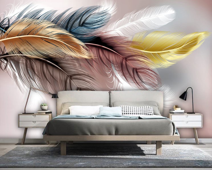 Droogte Katholiek auteur Kleurrijke vogelveren muurposter 3D-behangen | 3D-achtergronden