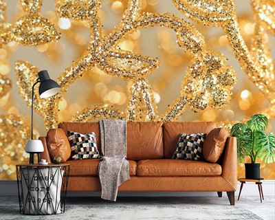 Artistiek behang in goudkleur