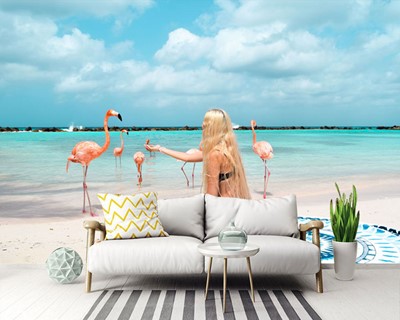 Behang met zeezand en flamingothema