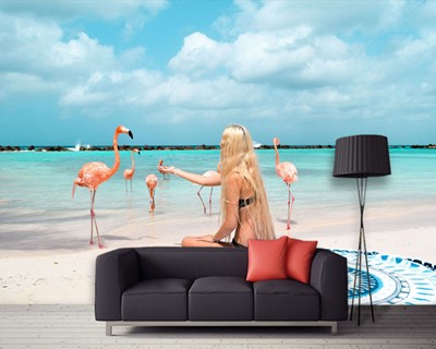 Behang met zeezand en flamingothema