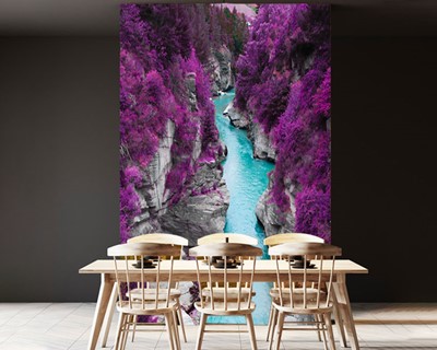 River Between Two Mountains And Purple Leaf Tree Wallpaper