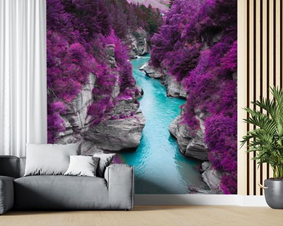 River Between Two Mountains And Purple Leaf Tree Wallpaper