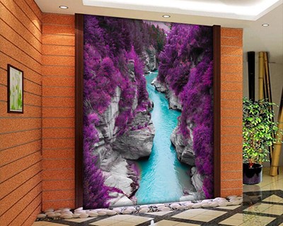 River Between Two Mountains And Purple Leaf Tree Wallpaper