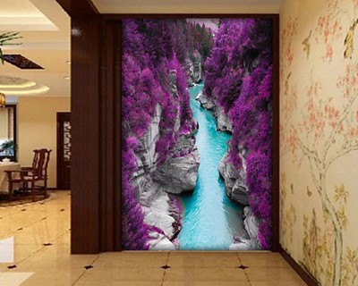 River Between Two Mountains And Purple Leaf Tree Wallpaper