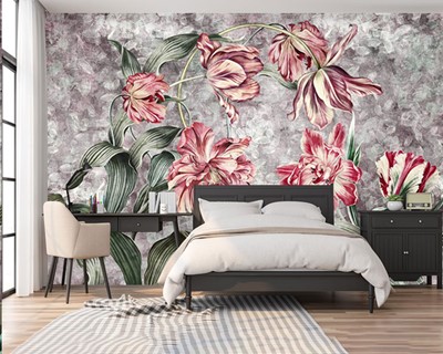 Rode kleur bloemen artistiek behang