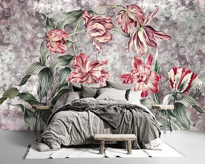 Rode kleur bloemen artistiek behang