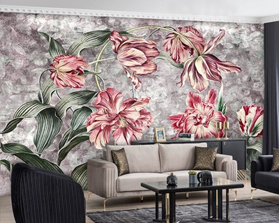 Rode kleur bloemen artistiek behang