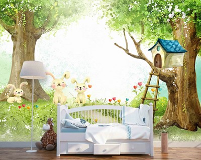 Geanimeerd bosthema babykamer behang