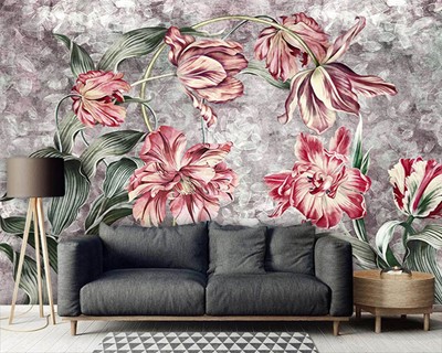 Rode kleur bloemen artistiek behang