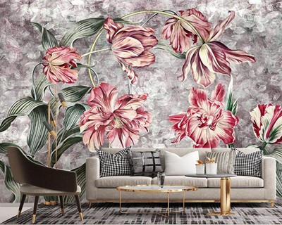 Rode kleur bloemen artistiek behang