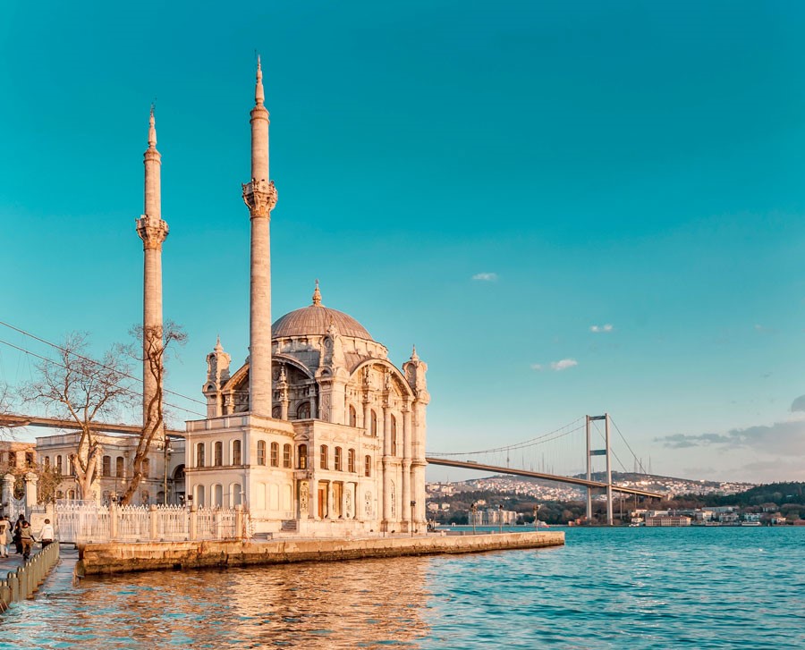 Achtergrond van de Grote Mecidiye-moskee en de Bosporus-weergave