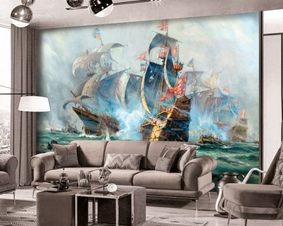 Houten schip canvas schilderij behang