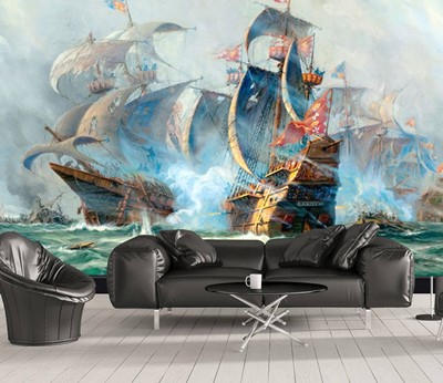 Houten schip canvas schilderij behang