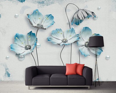 Blauw Wit Blad Bloem Artistiek Behang