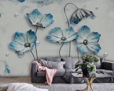 Blauw Wit Blad Bloem Artistiek Behang