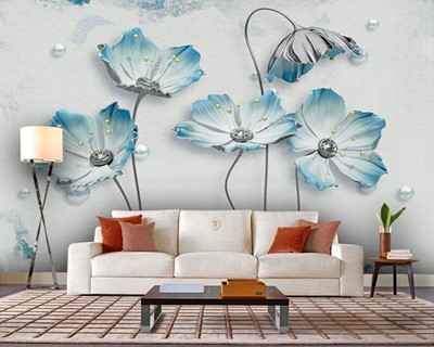 Blauw Wit Blad Bloem Artistiek Behang