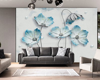 Blauw Wit Blad Bloem Artistiek Behang