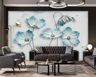 Blauw Wit Blad Bloem Artistiek Behang