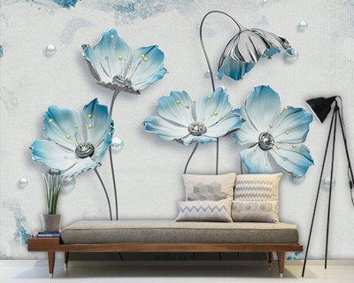 Blauw Wit Blad Bloem Artistiek Behang