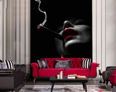 Rokende Vrouw Met Rode Lippen Naar Cafe Bars Behang