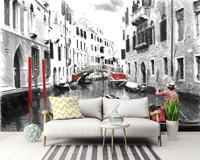 Zwart-wit Venetië City View Wallpaper