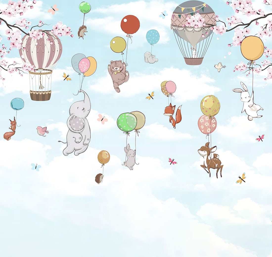 Schattige dieren vliegen met ballonbehang