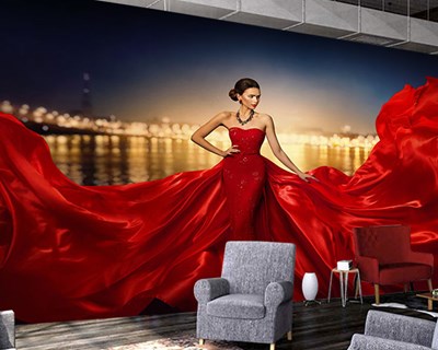 Mooie vrouw in rode jurk muurposter