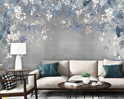 Blauw wit bloemmotief behang