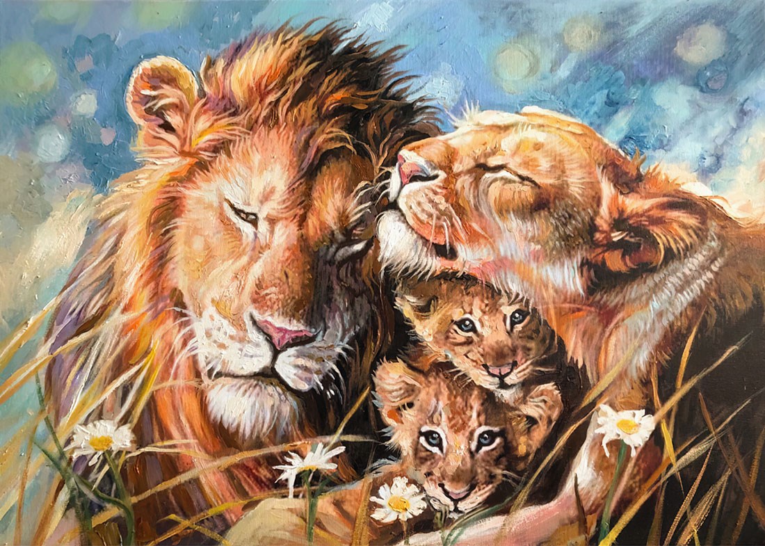 Leeuw familie canvas schilderij behang