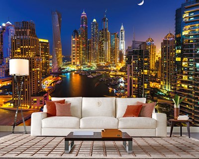 Nacht Dubai Stadslandschap Behang