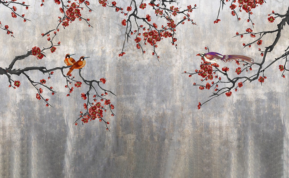 sakuraboom met rode bloemen behang