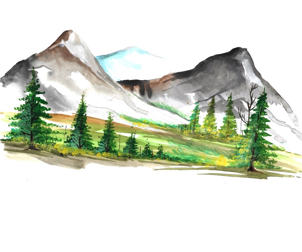 canvas behang met tekening van bergen en bomen