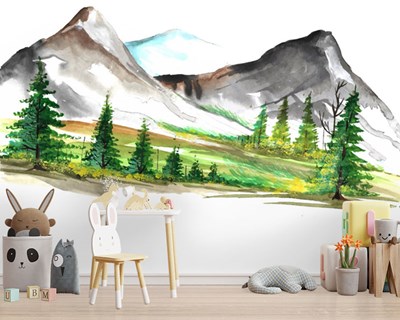 canvas behang met tekening van bergen en bomen