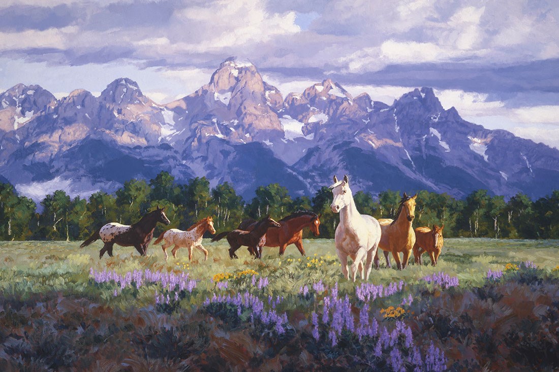muurschildering met paarden in de wei