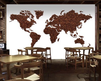 wereldkaart met koffiebonen als thema muurschildering