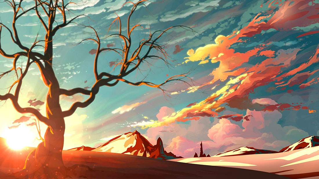 muurschildering met droog boomthema bij zonsondergang