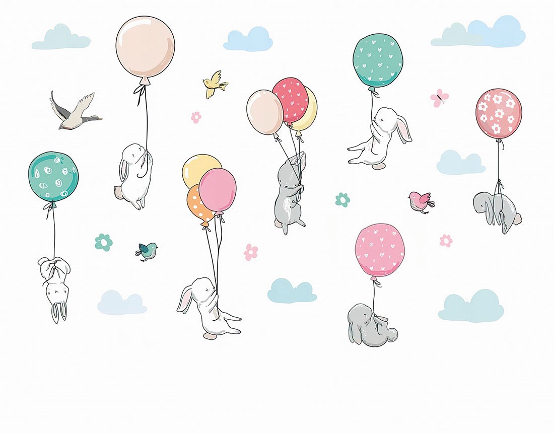 ballon vliegende konijntjes muurschildering