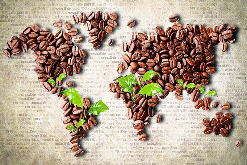 wereldkaart behang van koffiebonen
