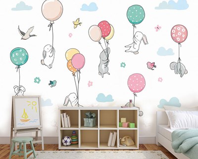 ballon vliegende konijntjes muurschildering