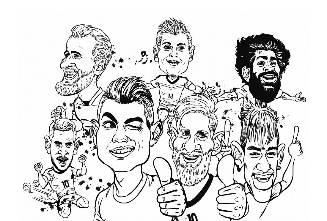 muurschildering met cartoon van beroemde voetballers