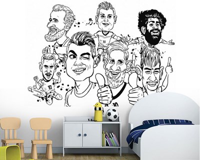 muurschildering met cartoon van beroemde voetballers