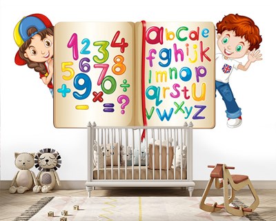 muurschildering met thema wiskunde en alfabet