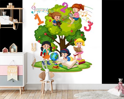 kinderen spelen bij de boom thema muurschildering