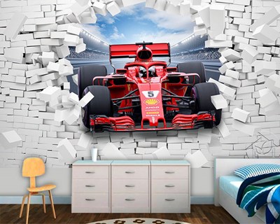 F1 auto vliegt van de muur behang