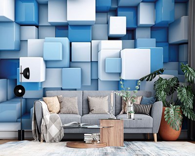 3D Wit en Blauw Kubus Behang