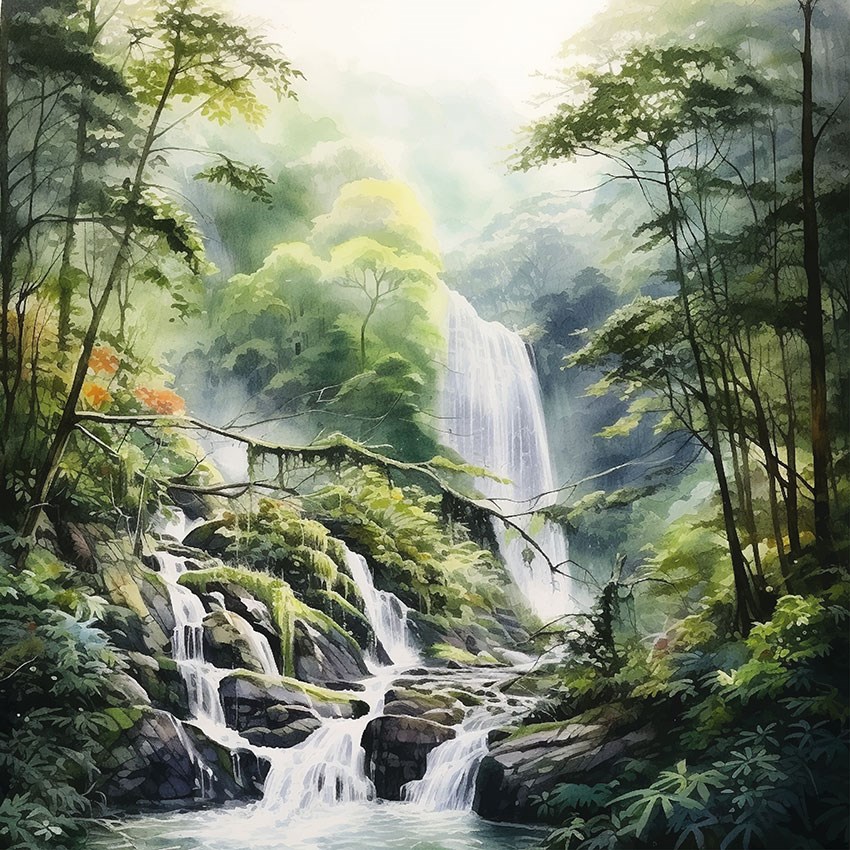 Artistiek Bos Waterval Geïllustreerd Behang