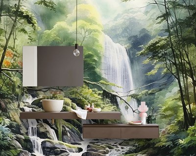 Artistiek Bos Waterval Geïllustreerd Behang