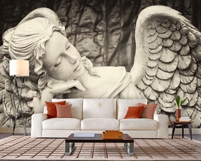 behang met vrouwelijk engelenstandbeeld als thema